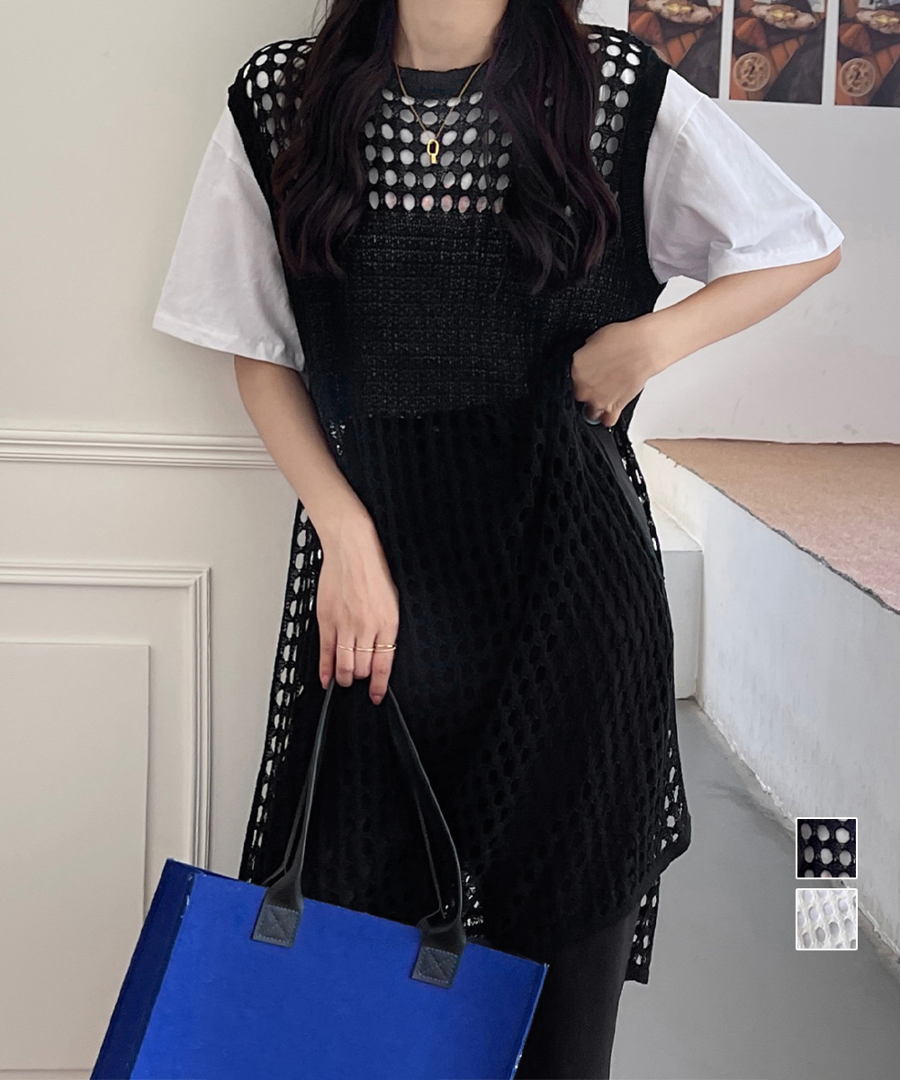 ニットベスト 黒の透かし編みロングサマーニットベスト サイドスリット夏服