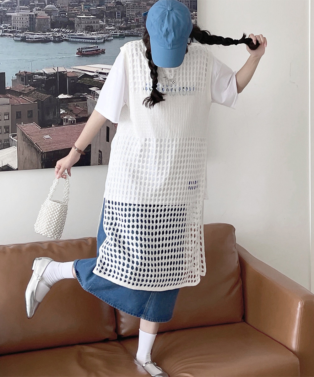 ニットベスト 黒の透かし編みロングサマーニットベスト サイドスリット夏服