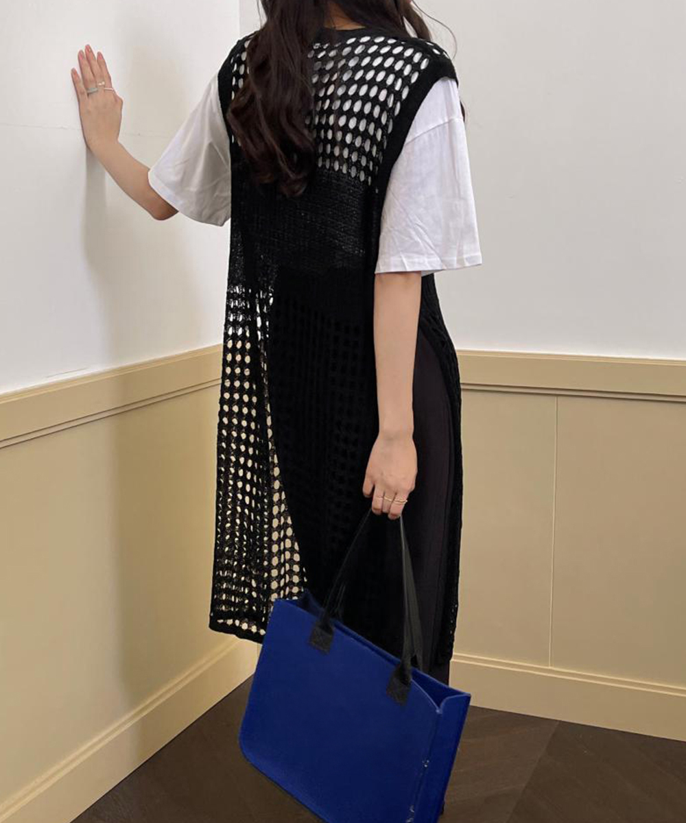 ニットベスト 黒の透かし編みロングサマーニットベスト サイドスリット夏服