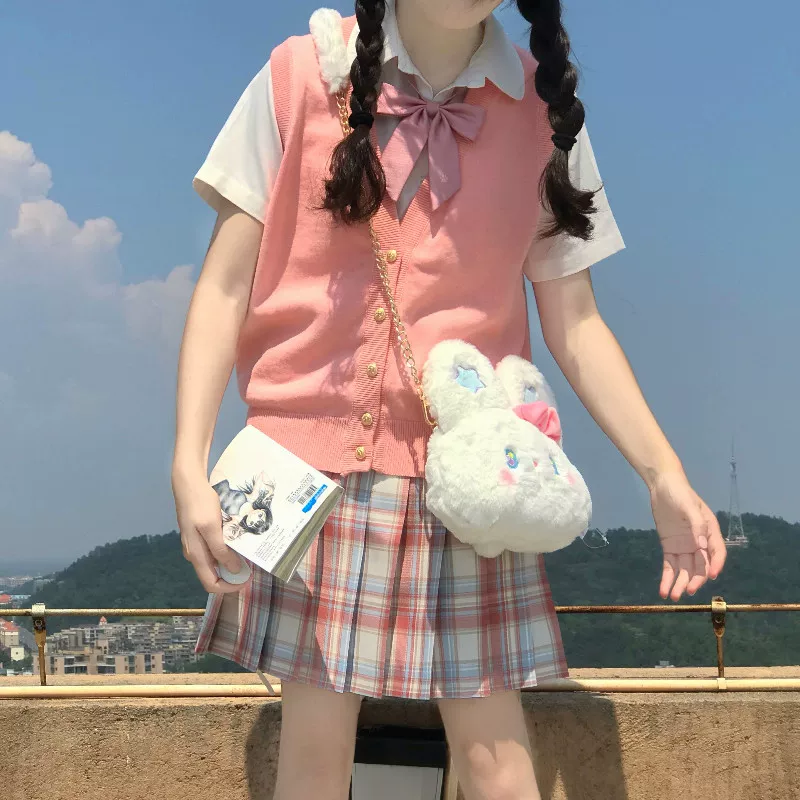 ニットベスト 学院風前開きボタン付きニット袖なしジレ