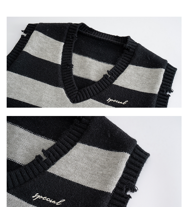 ニットベスト 横縞模様刺繍入りブイネックニットベスト