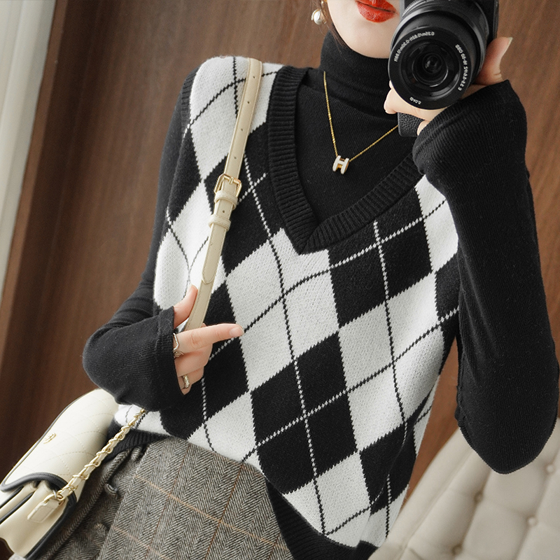 ニットベスト 菱形模様編み込みニットベスト