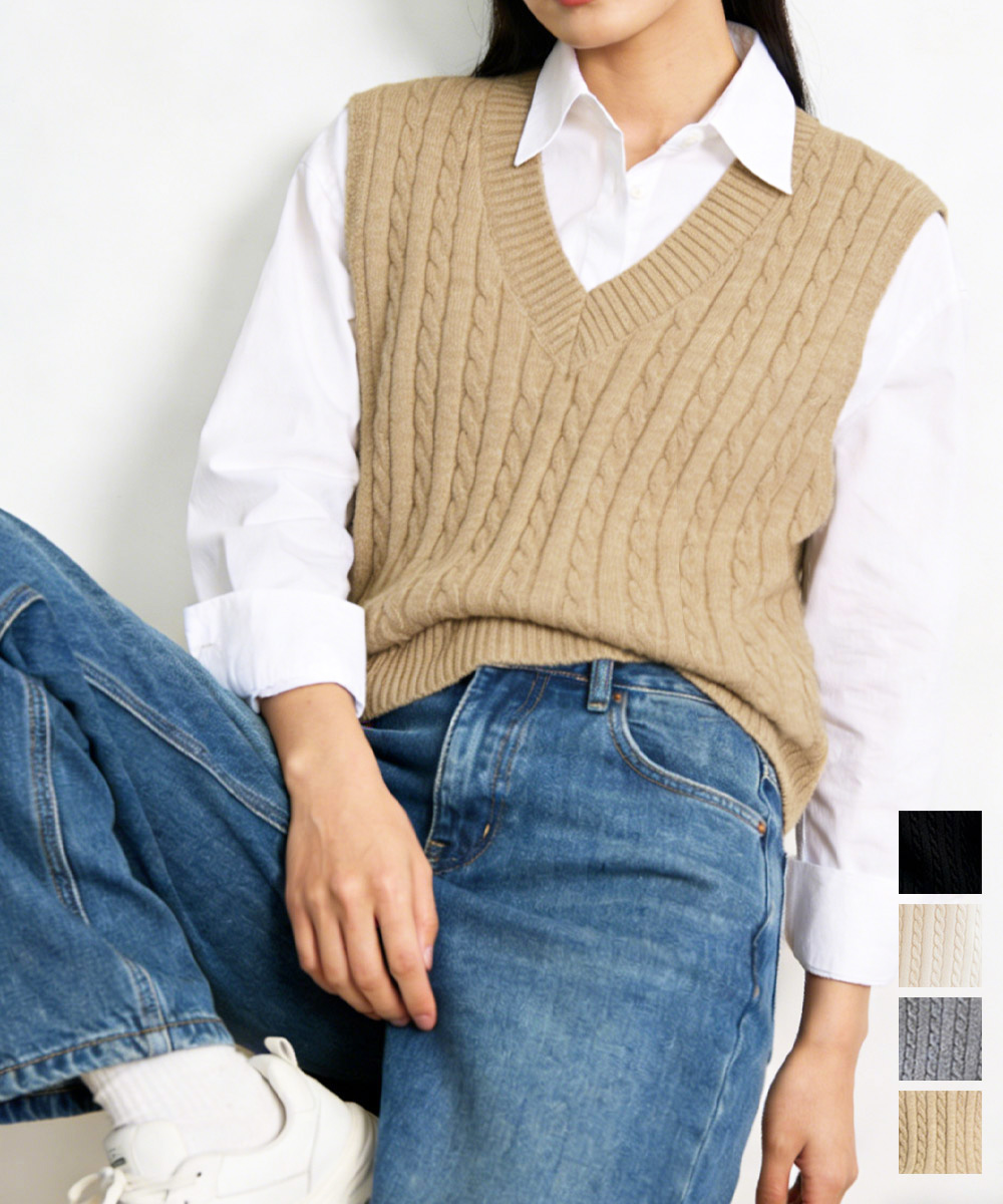 ケーブル編みニットベスト ブラウン 重ね着