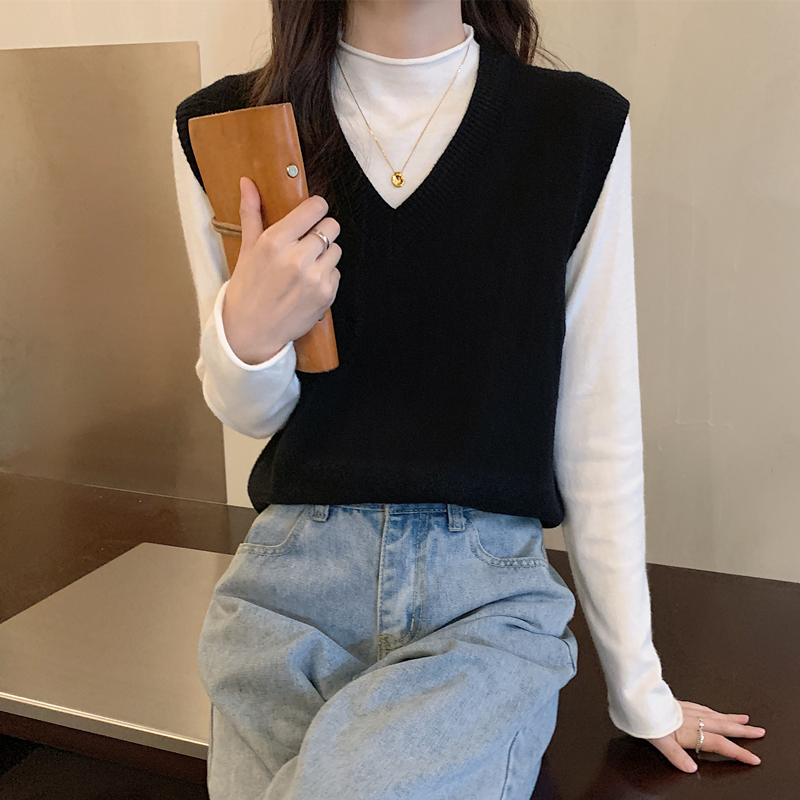 ニットベスト シンプル深Vネックベスト
