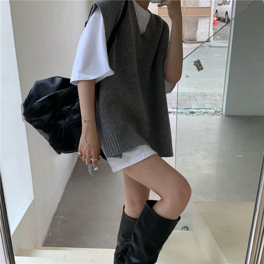 グレー ニットベスト レディース ブイネック ゆったり