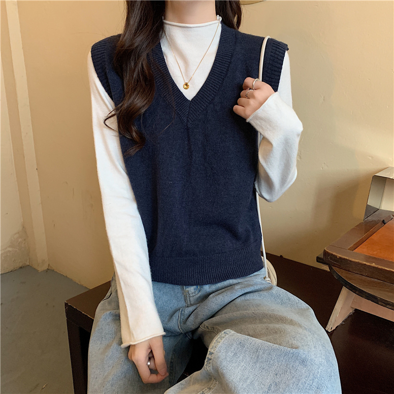 ニットベスト シンプル深Vネックベスト