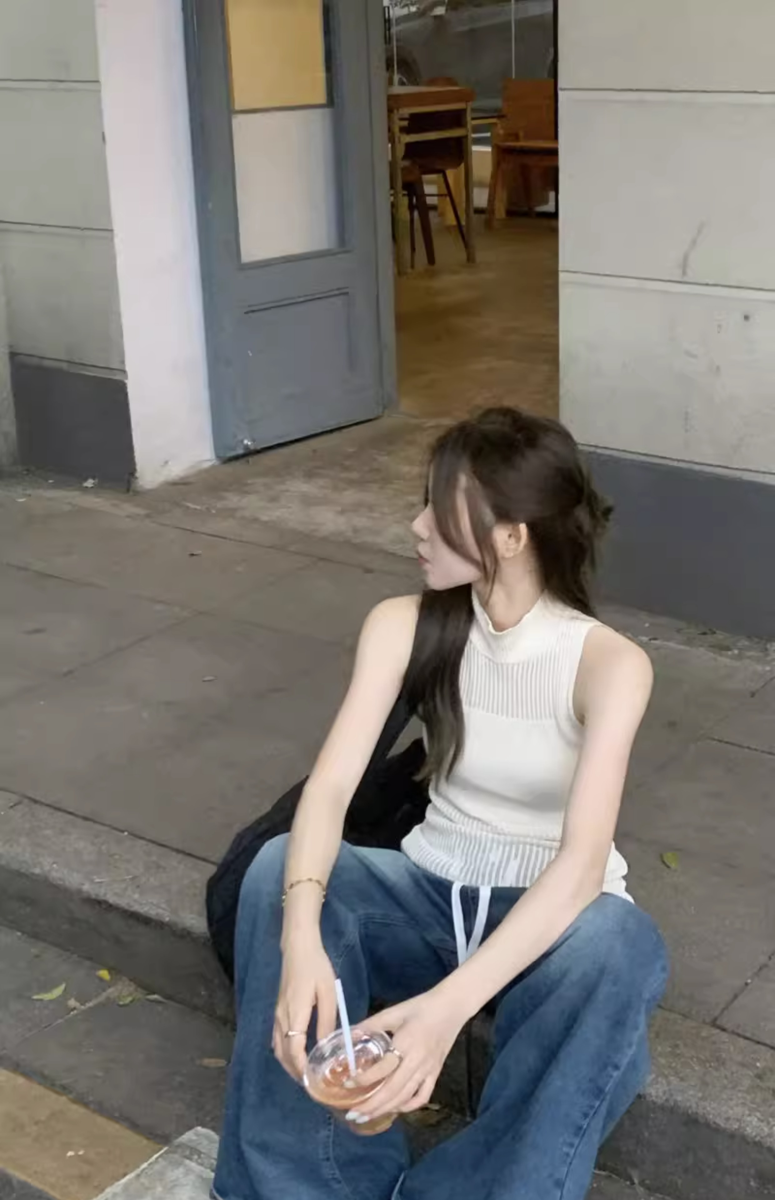 ニットベスト ハイネック透かし編みノースリーブ