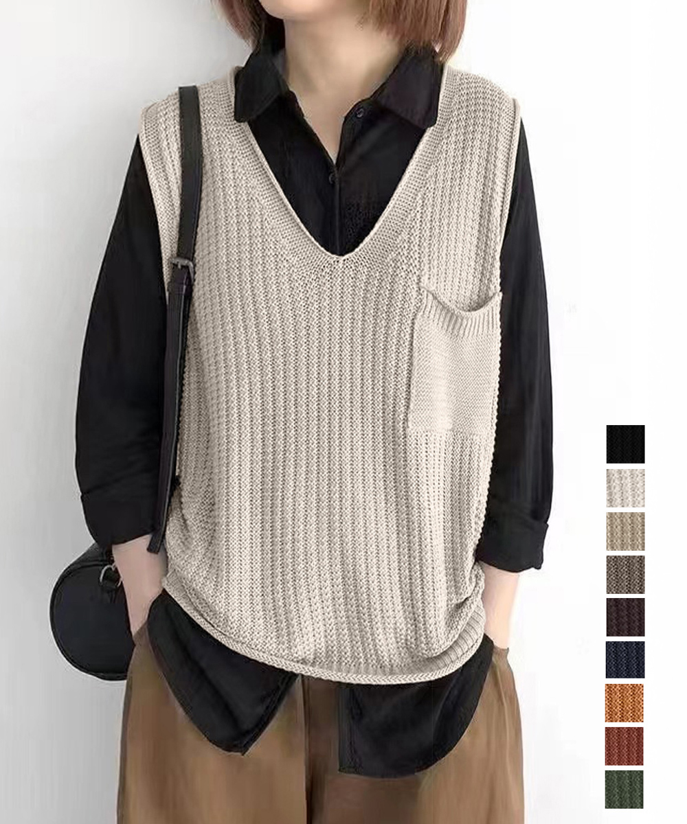 ベージュ ブイネック ニットベスト レディース 秋冬