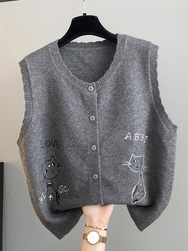 ニットベスト 可愛い猫刺繍入りボタン留め袖なしカーディガン