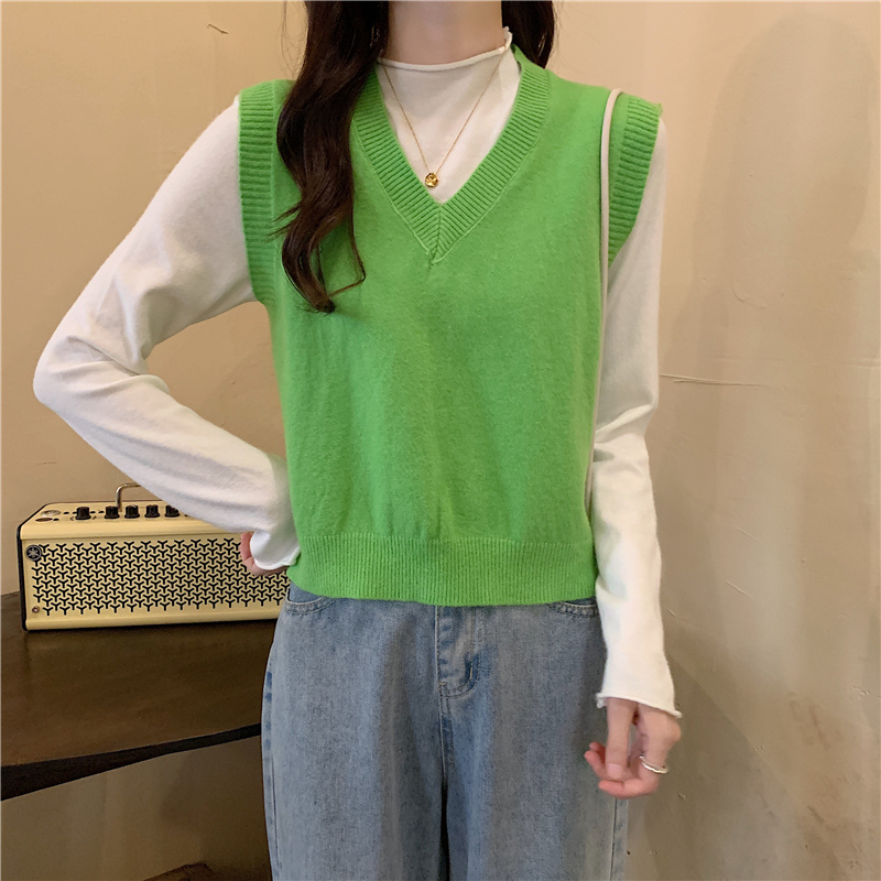 ニットベスト シンプル深Vネックベスト