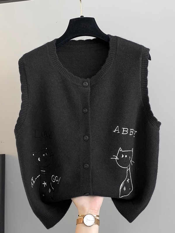 ニットベスト 可愛い猫刺繍入りボタン留め袖なしカーディガン