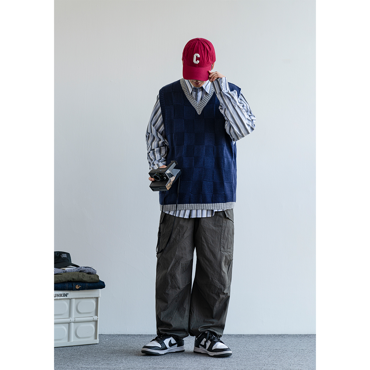 ニットベスト 市松模様ゆったりニットベスト