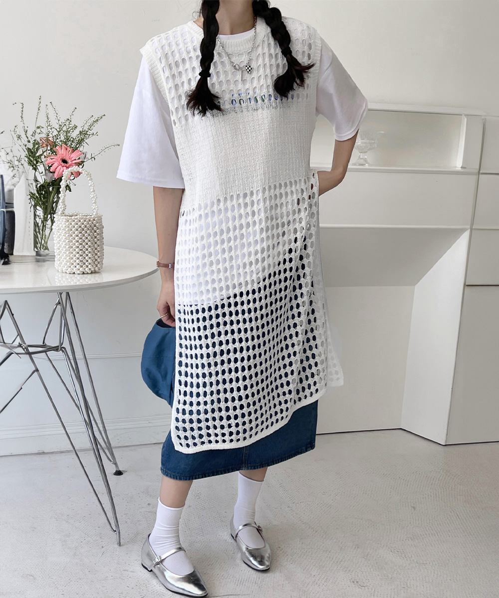 ニットベスト 黒の透かし編みロングサマーニットベスト サイドスリット夏服