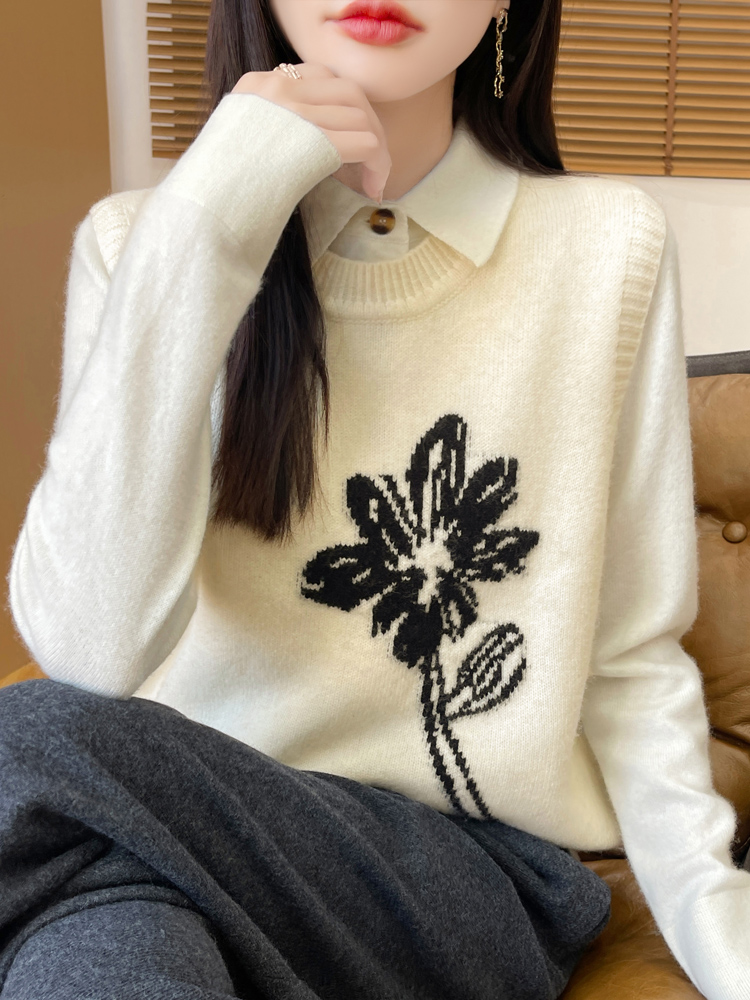 ニットベスト 花柄編み込み丸首袖なしニット