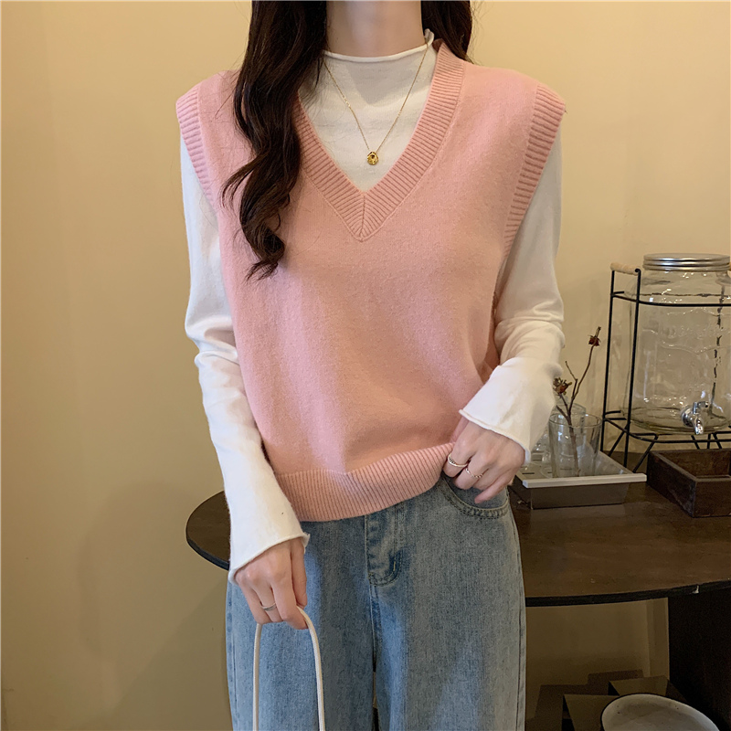 ニットベスト シンプル深Vネックベスト