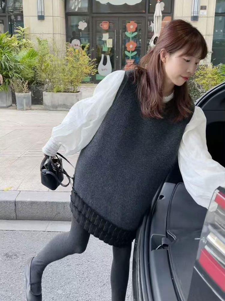 ニットベスト プリーツ裾切替ロングベスト