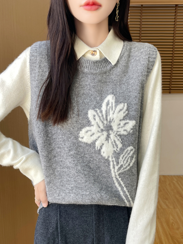 ニットベスト 花柄編み込み丸首袖なしニット