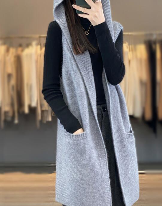 グレー レトロ風 冬物ニットベスト ロング丈