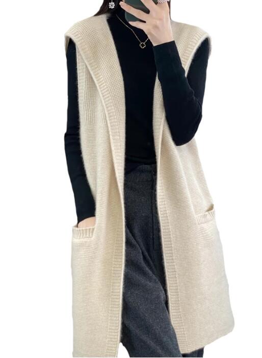 グレー レトロ風 冬物ニットベスト ロング丈