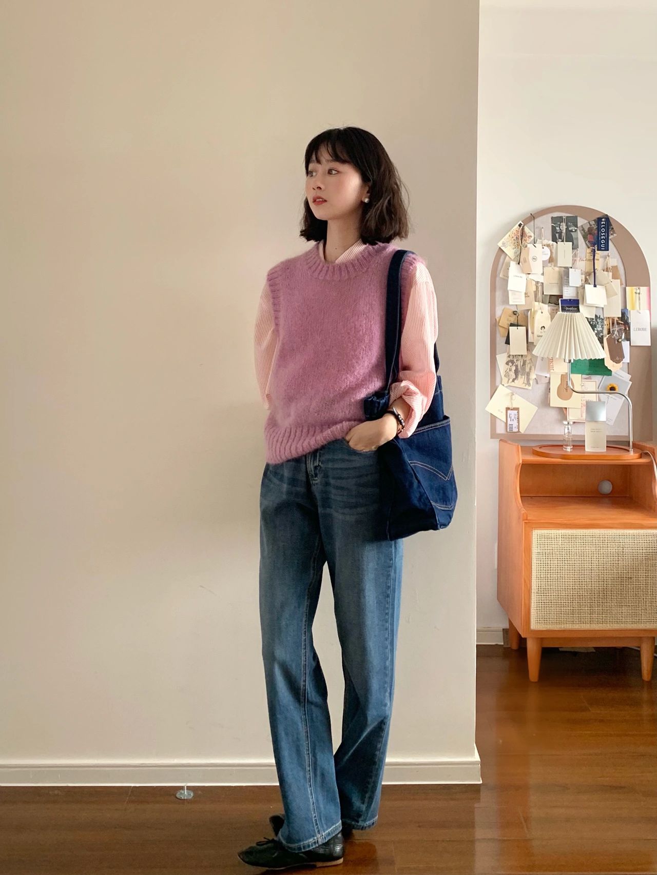ニットベスト 丸首リブ編み無袖ニットベスト