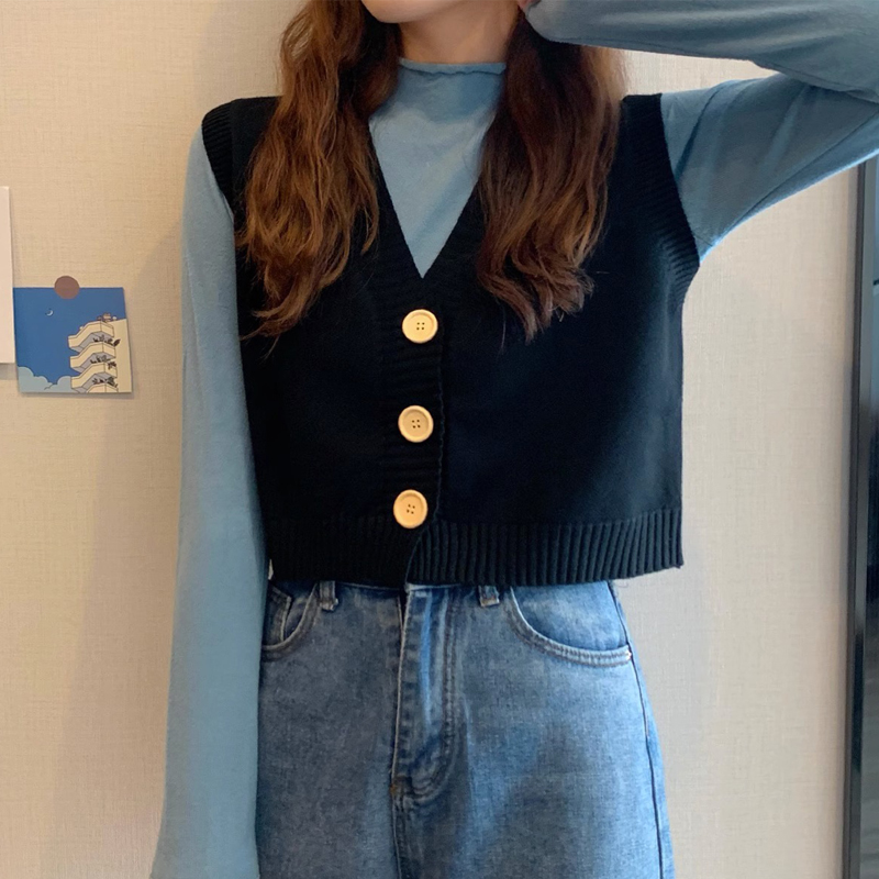 ニットベスト シンプル木目調ボタンベスト
