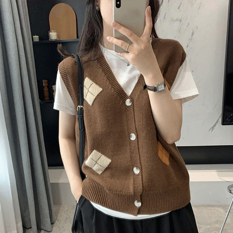ニットベスト 菱形模様編み込み前開きニット袖なし上着