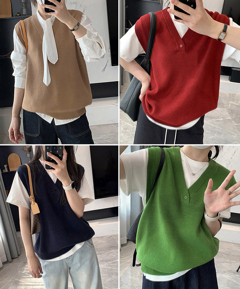 グレーニットベスト シンプル重ね着 レディース