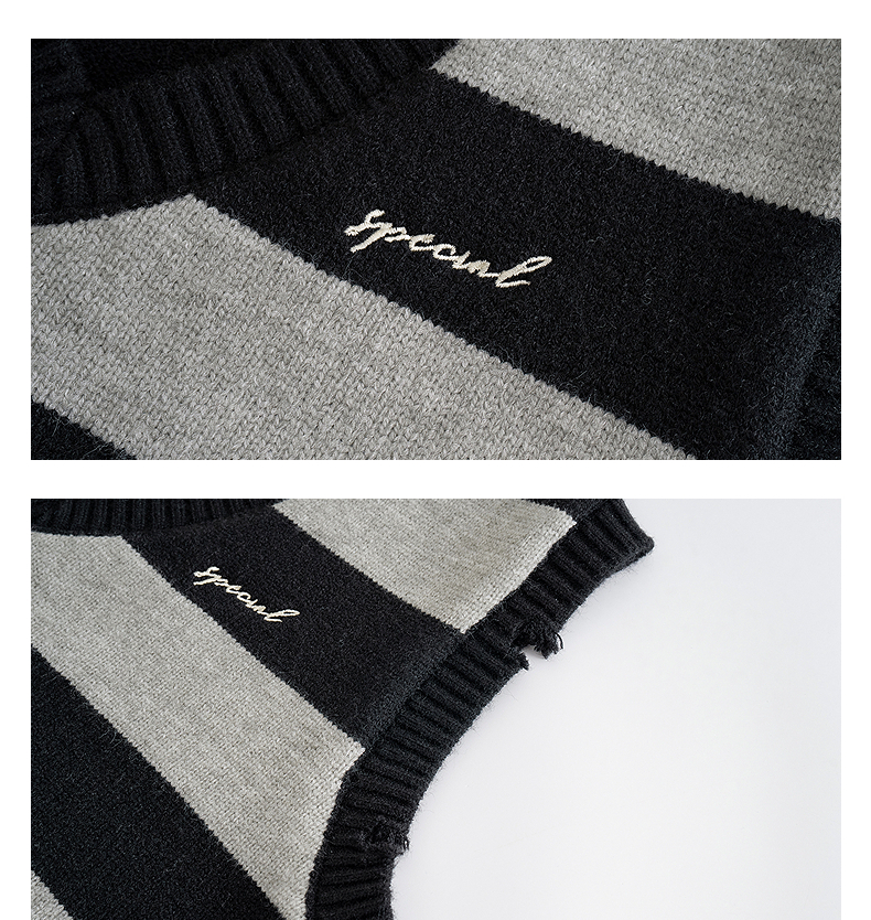 ニットベスト 横縞模様刺繍入りブイネックニットベスト