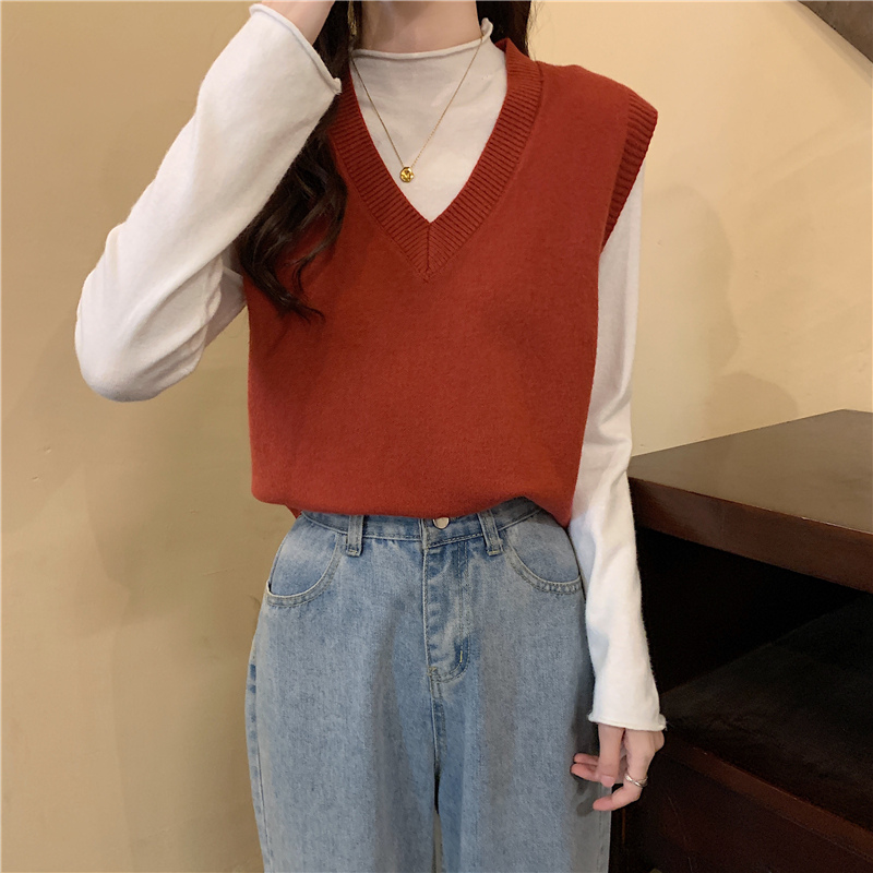 ニットベスト シンプル深Vネックベスト