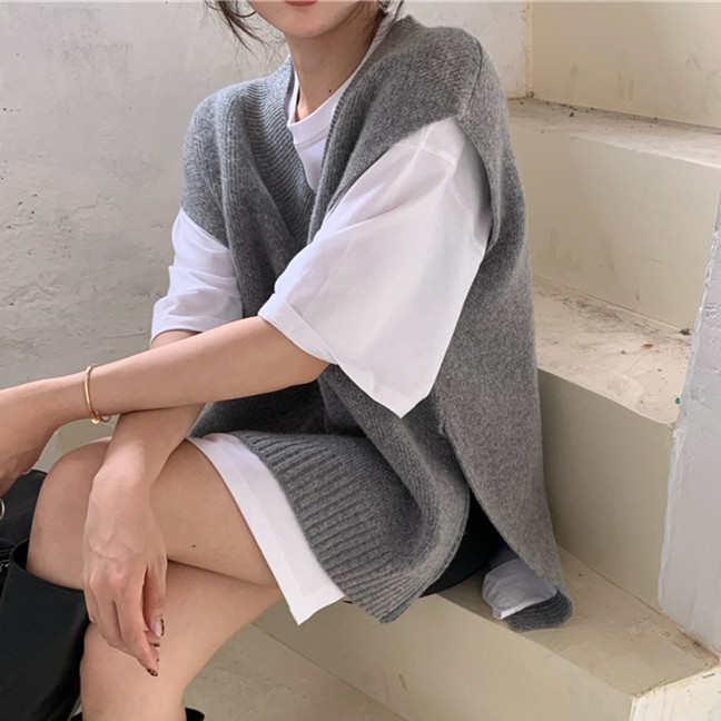 グレー ニットベスト レディース ブイネック ゆったり