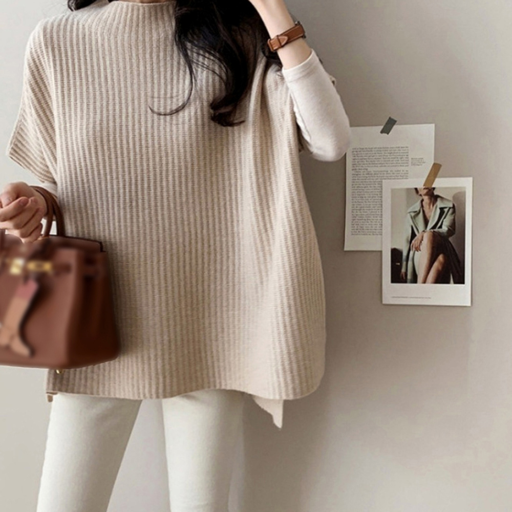 ベージュ リブ編み ニットベスト レディース