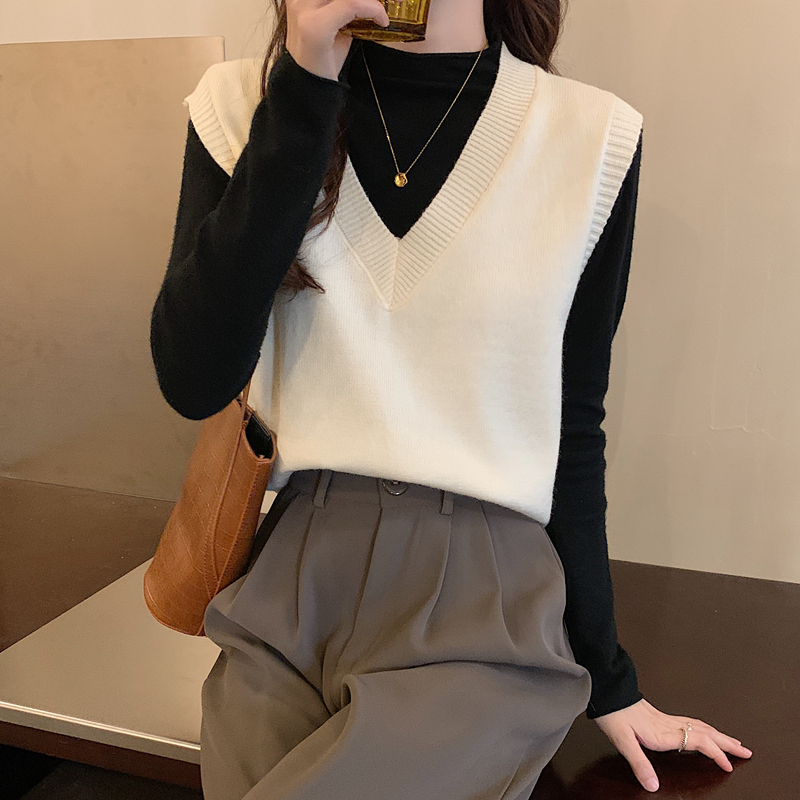 ニットベスト シンプル深Vネックベスト
