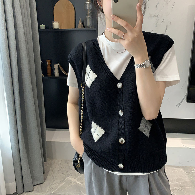 ニットベスト 菱形模様編み込み前開きニット袖なし上着
