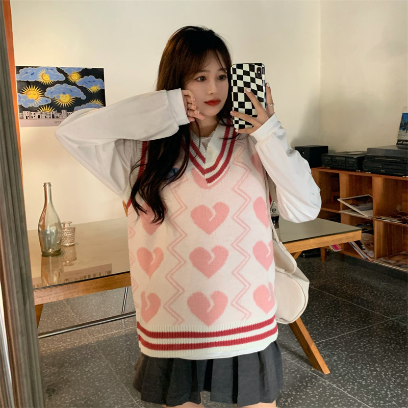 ピンクハート柄ブイネックニットベスト白シャツ付きセット