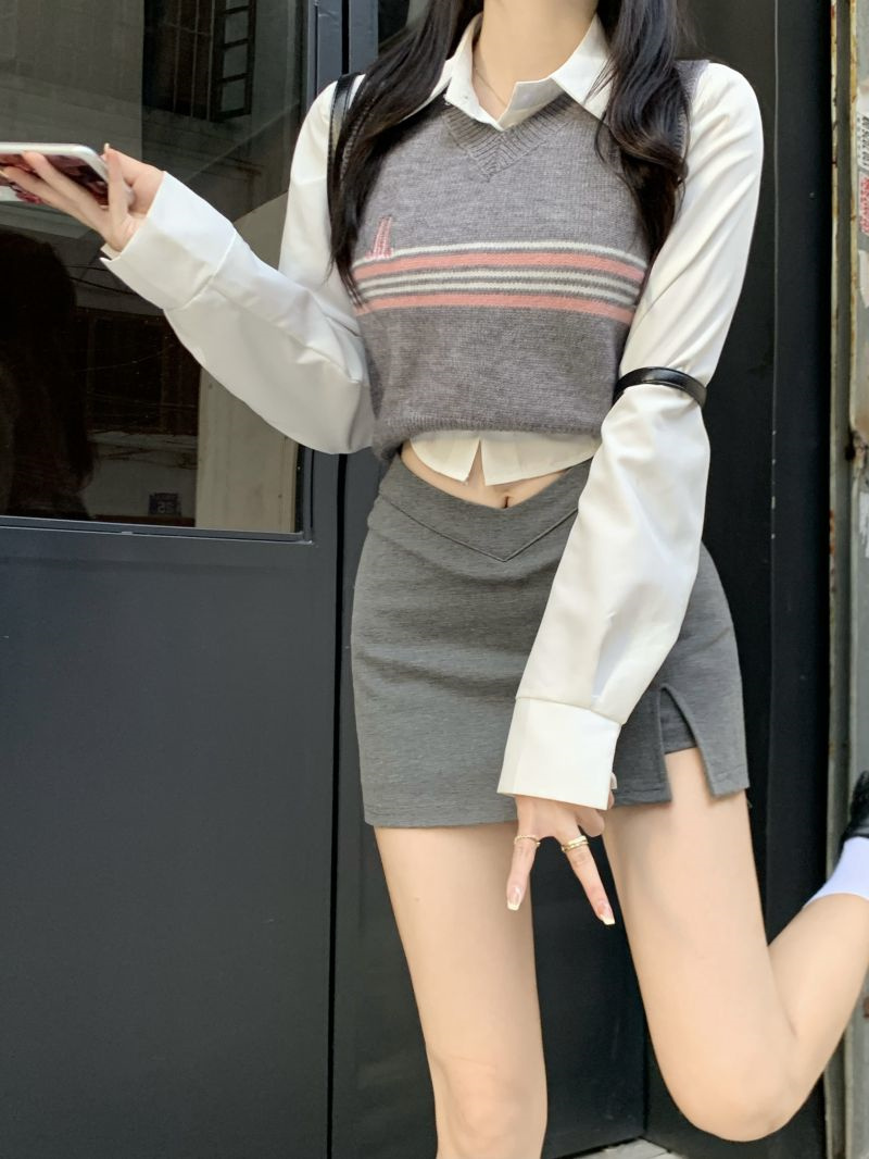 ブラウン さくらんぼ刺繍 ボーダー柄 可愛い ショート丈 ニットベスト