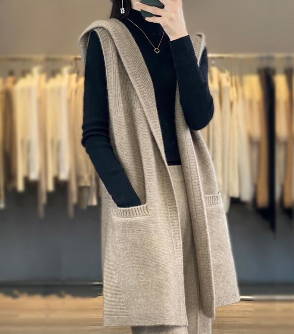 グレー レトロ風 冬物ニットベスト ロング丈