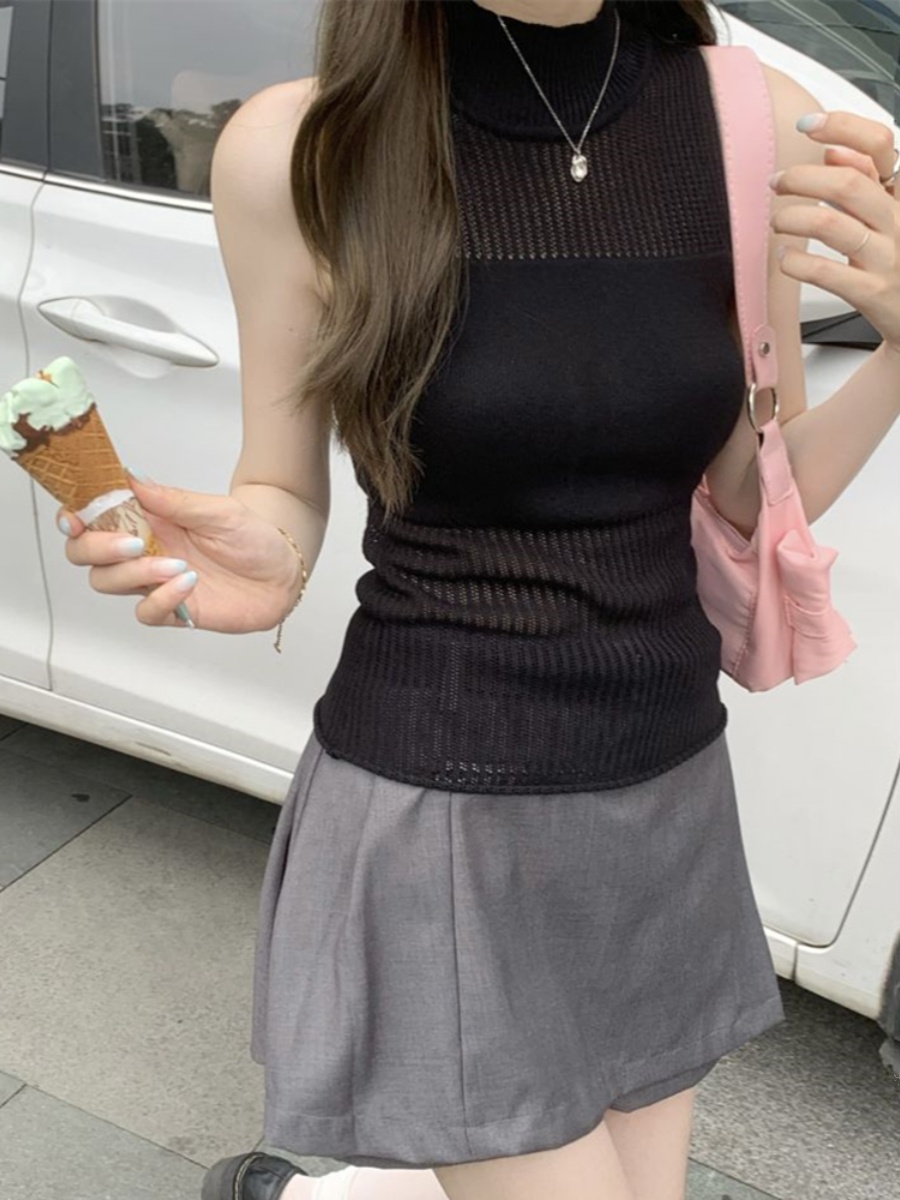 ニットベスト ハイネック透かし編みノースリーブ