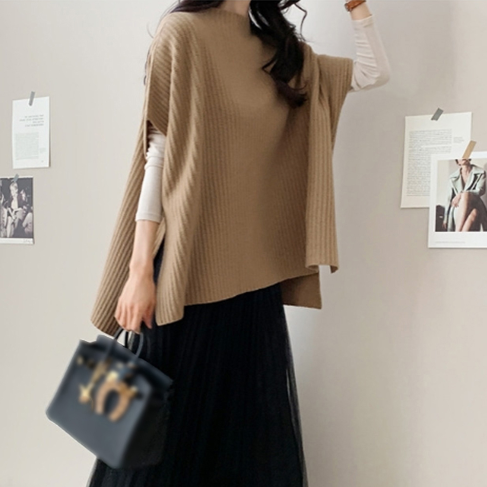 ベージュ リブ編み ニットベスト レディース