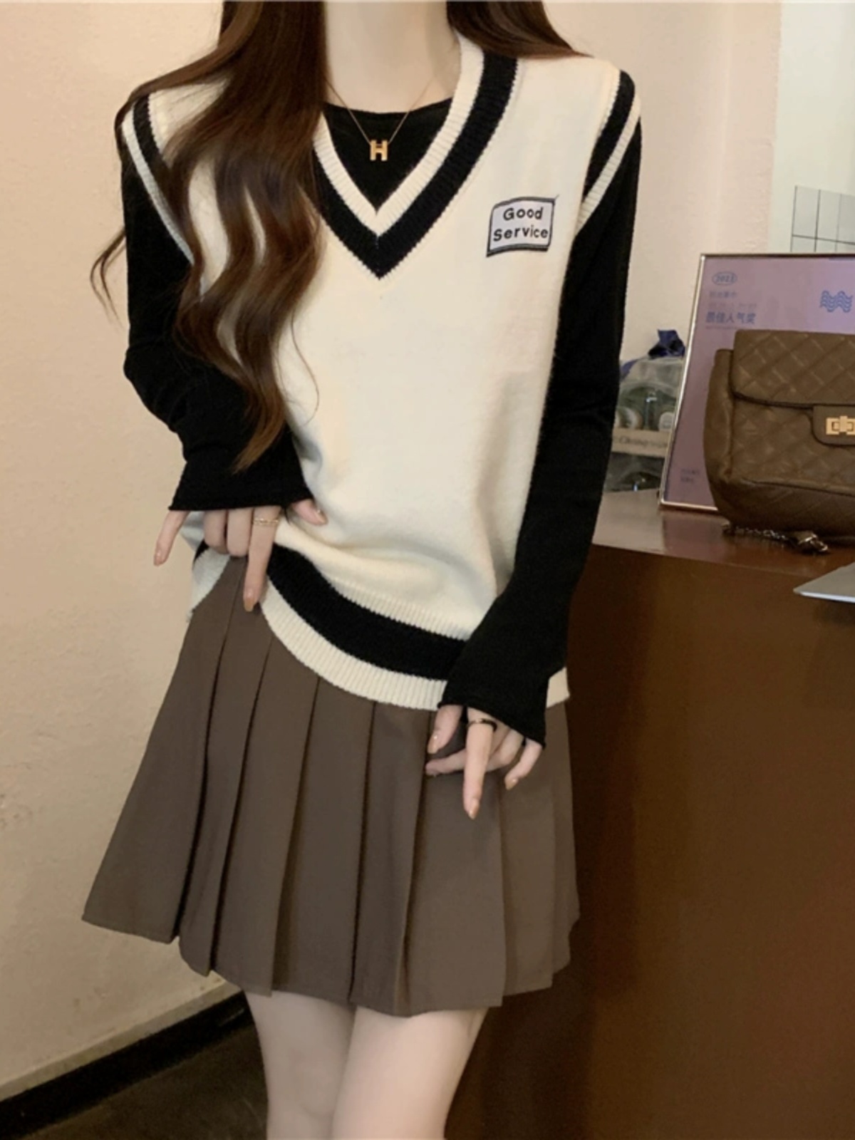 ニットベスト バイカラーアカデミックベスト