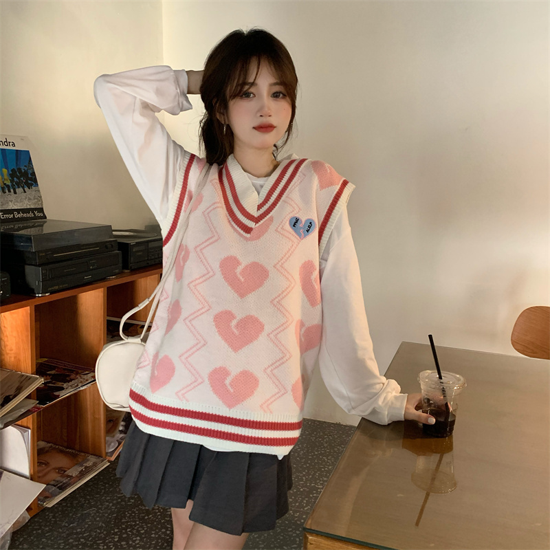 ピンクハート柄ブイネックニットベスト白シャツ付きセット