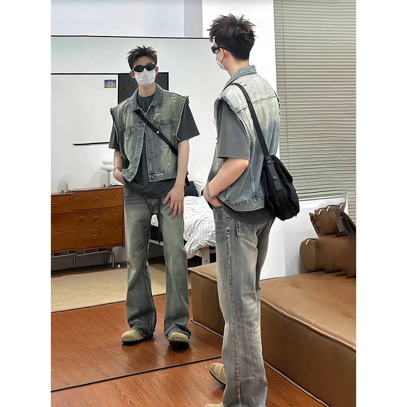 ベスト メンズ ヴィンテージ加工ノースリーブデニムジャケット