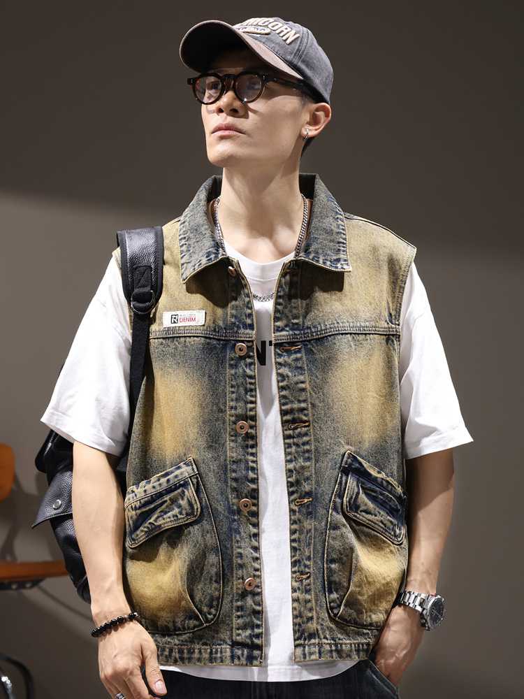 ベスト メンズ デニム ヴィンテージ風ユーティリティ