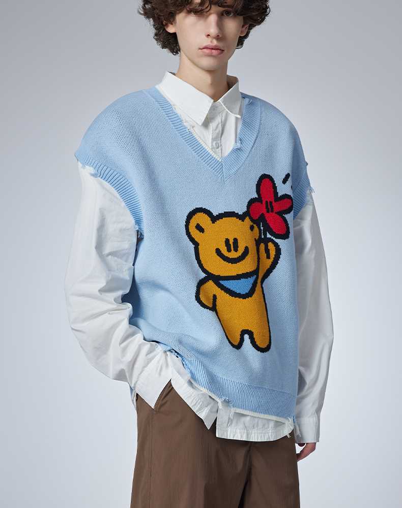 ベスト メンズ ニット 花くまデザイン ニットベスト