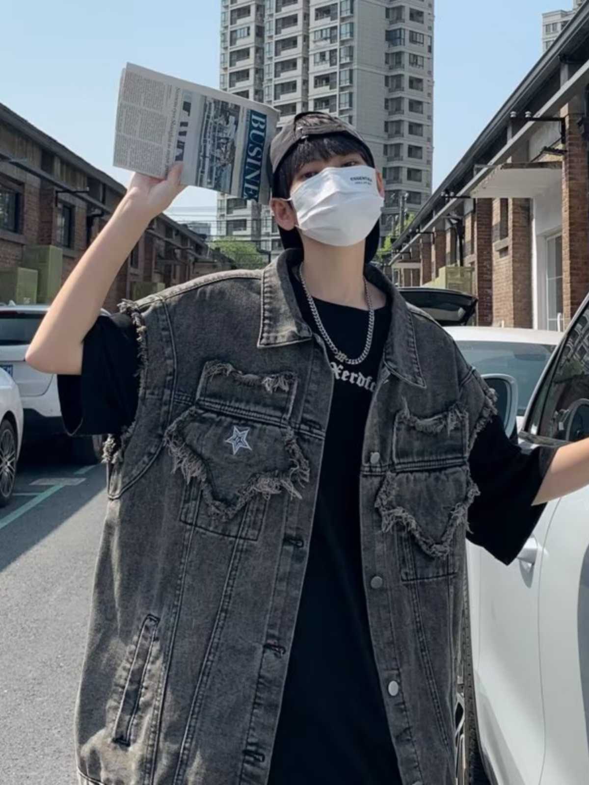 ベスト メンズ デニム ダメージ加工 星柄ポケットデニムベスト