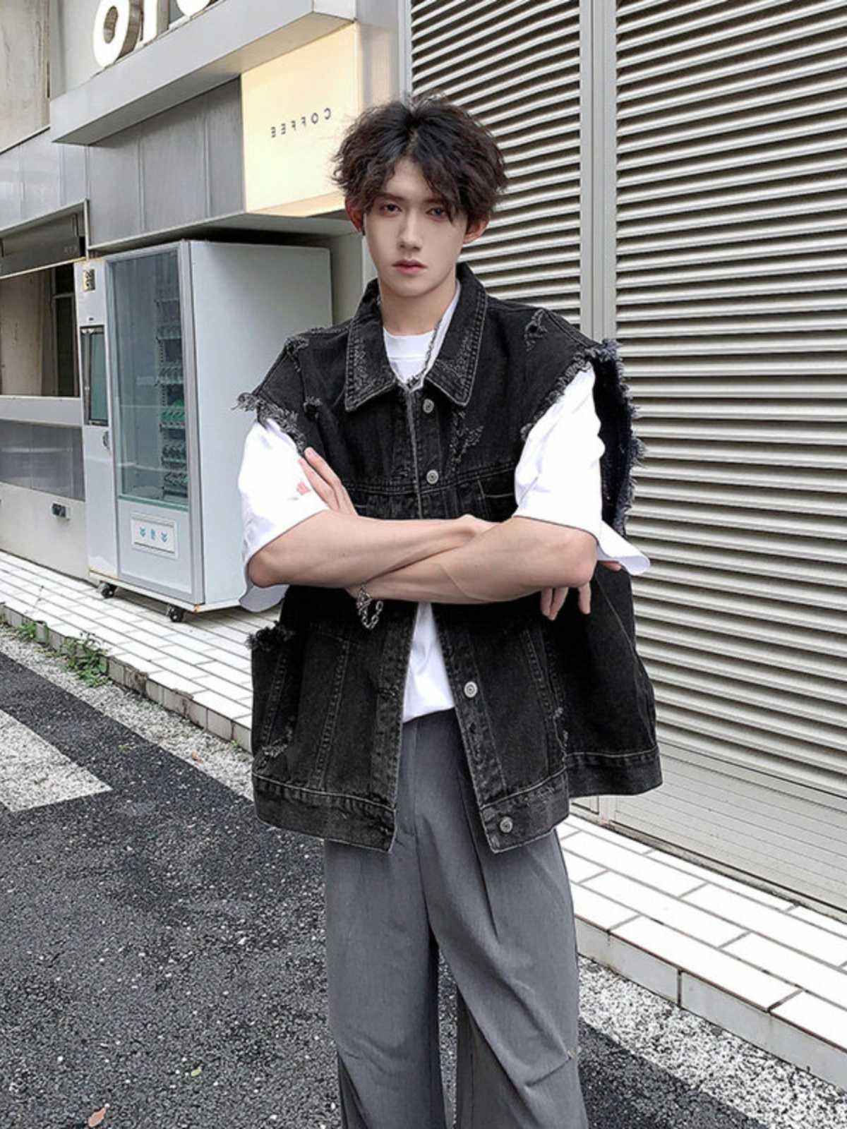 ベスト メンズ デニム ヴィンテージ加工ノースリーブデニムベスト