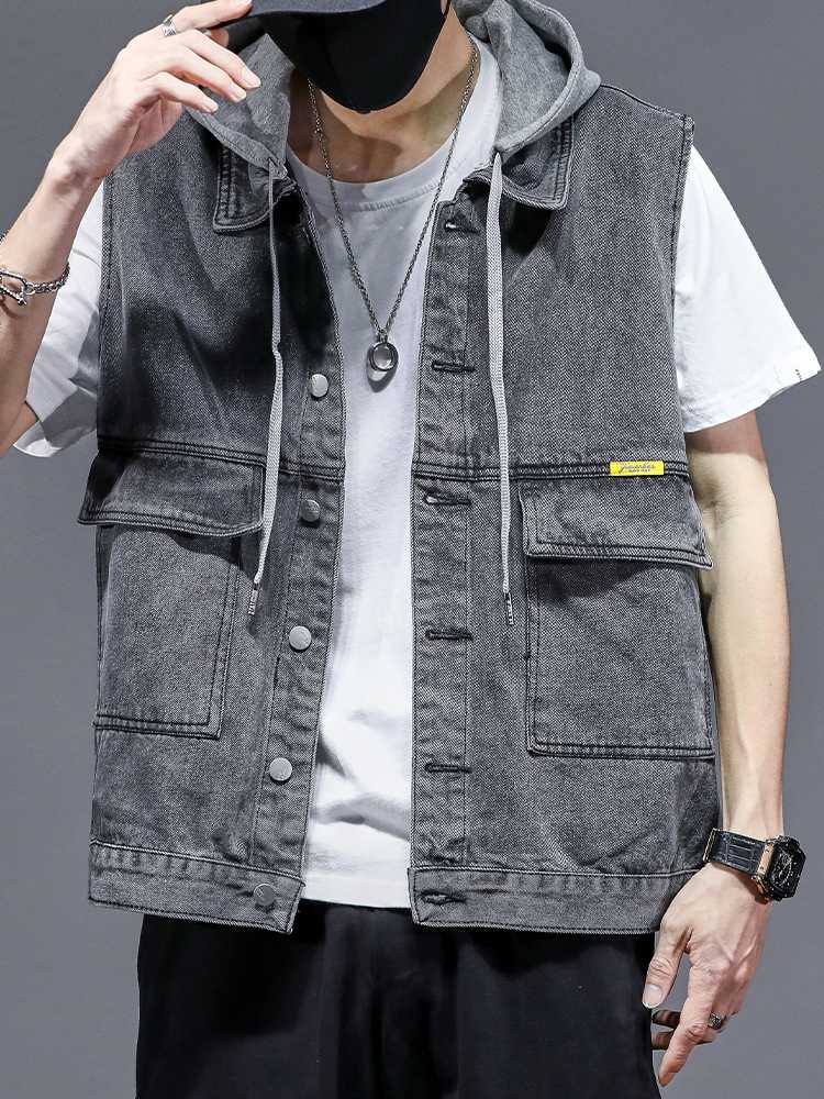 ベスト メンズ デニム フード付き多機能デニムベスト