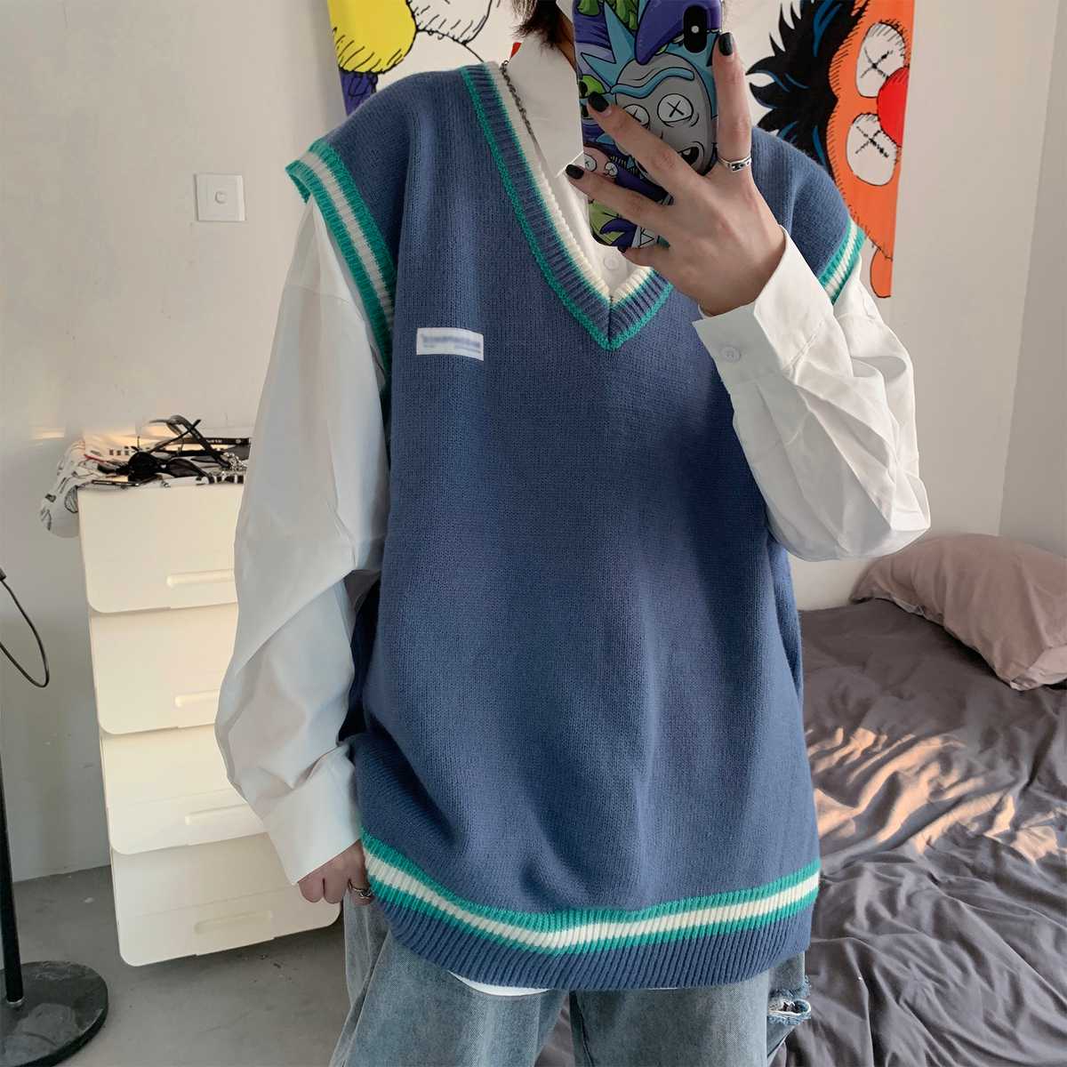 ベスト メンズ ニット 学生風ライン入り