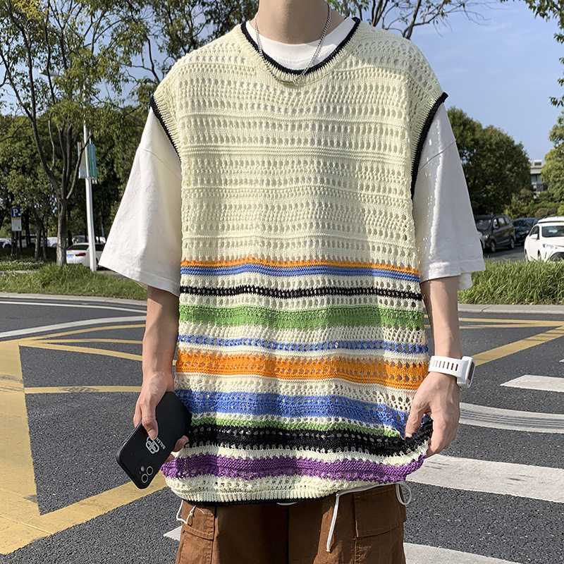 ベスト メンズ 透かし編み彩りラインニットベスト