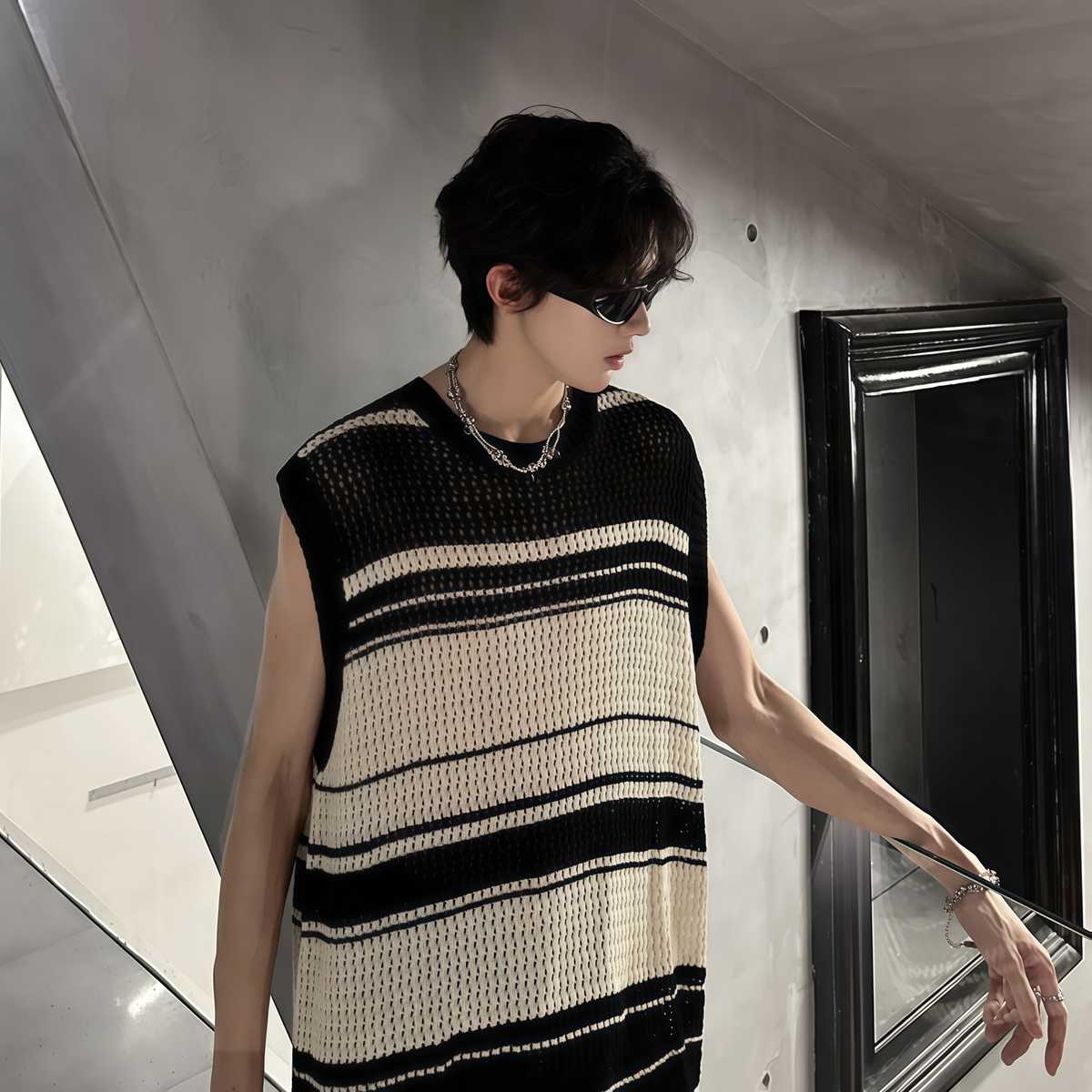 ベスト メンズ 透かし編みボーダーニットベスト