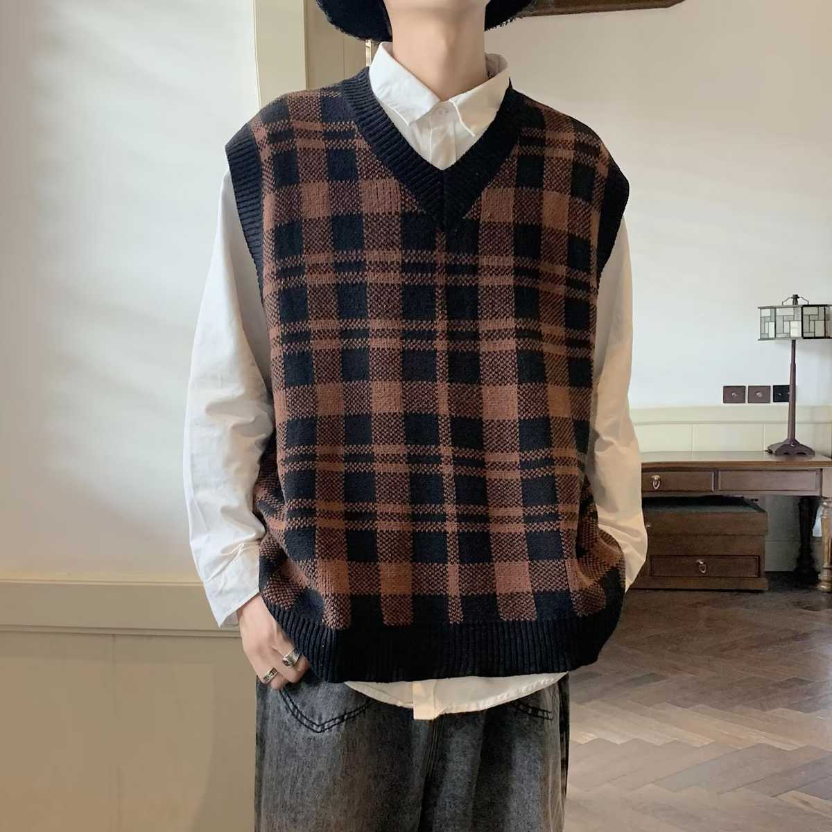 ベスト メンズ 格子柄クラシックニットベスト